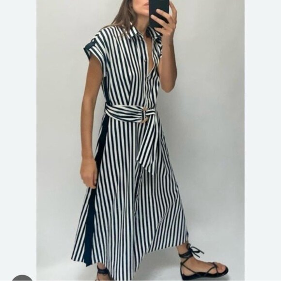 Zara Navy/White Striped Midi,Maxi. So pretty and fun. Stripe down the side! Nwt - Picture 2 of 3